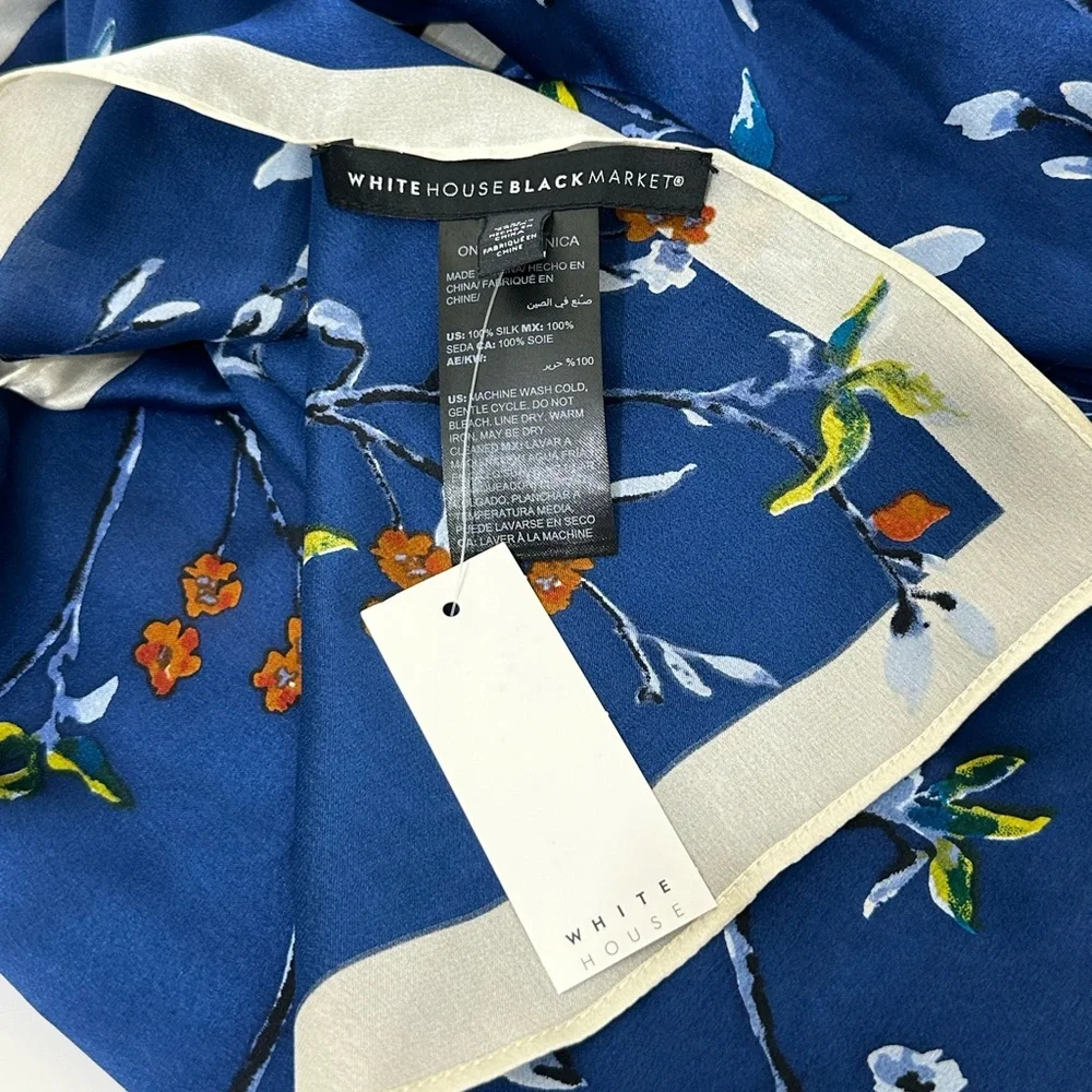 NWT White House Black Market blue floral 100% silk scarf 80”L x 12”W